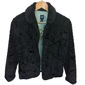 GAP Black Crushed Velvet Faux Fur Collared Jacket Mint Satin Lining Women's S